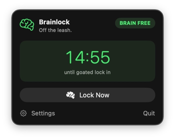 Brainlock menu bar showing a 15-minute unlock countdown